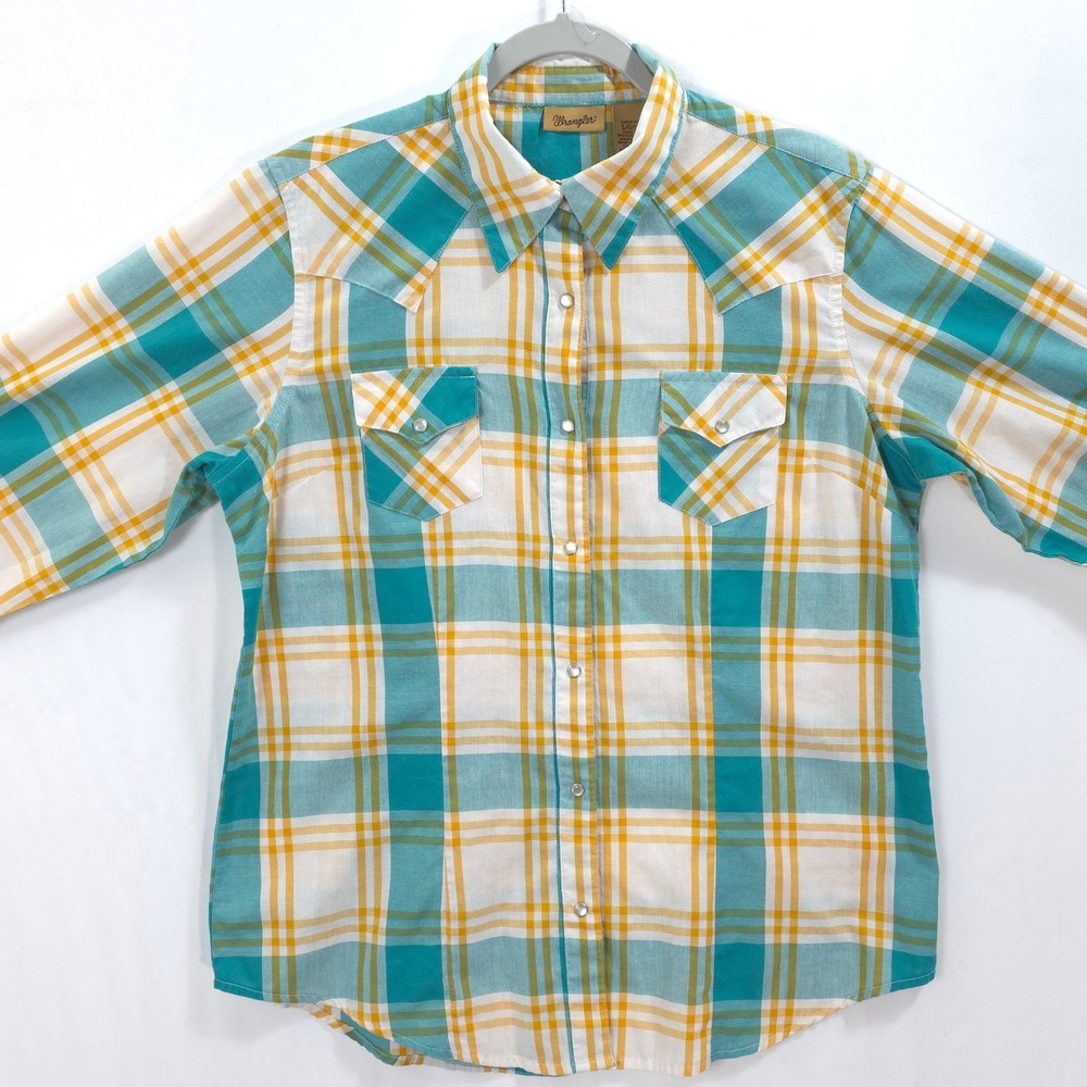 Wrangler Pearl Snap Shirt Women L‎ Plaid Turquoise Yellow Cowgirl Retro Western